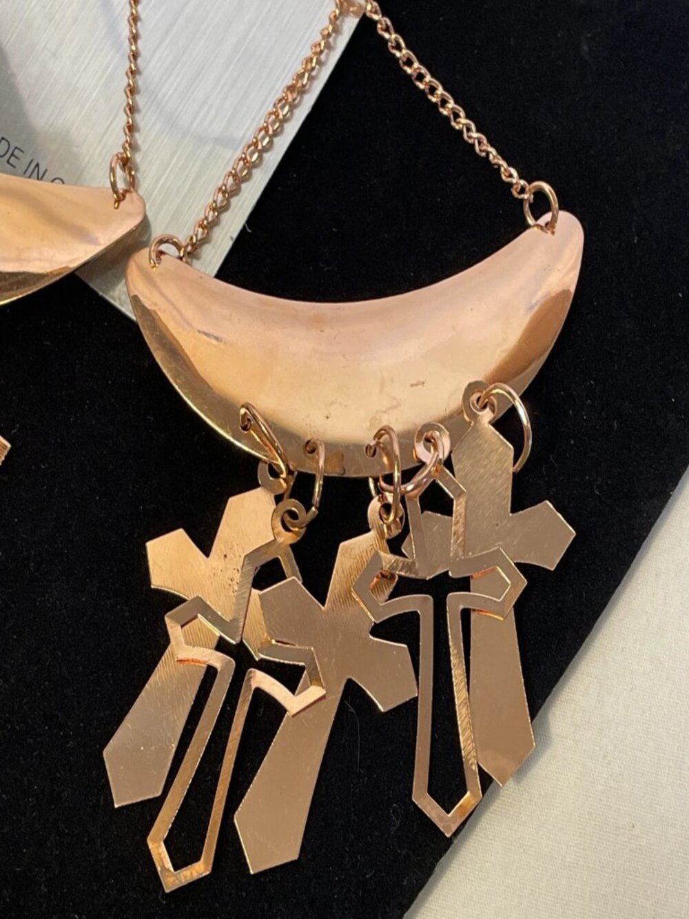 Statement Crescent Moon Dangle Earrings Boho Copper Tone Chandelier Cross Charms - Picture 7 of 10